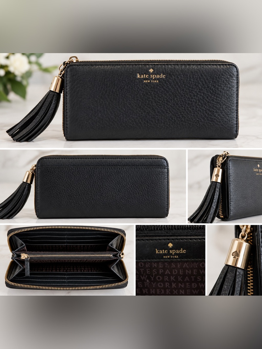 Kate Spade New York Black Leather Zip Around Wristlet Wallet Gold Tassel